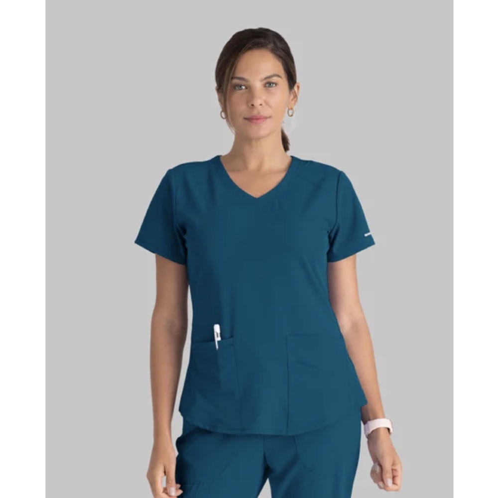 Skechers by Barco Teal Blue 3 Pocket V-Neck Scrub Short Sleeves Top
